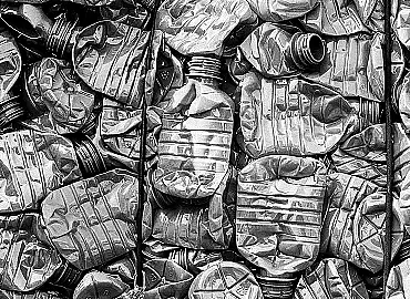 Crushed plastic bottles for recycling.